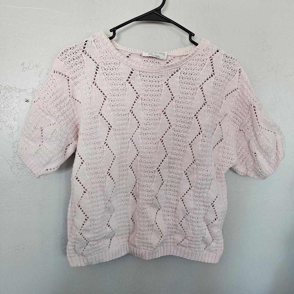 Across America Vintage Women's Light Pale Pink Knit Short Sleeve Sweater Zigzag
